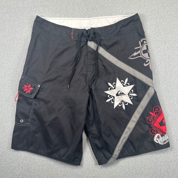 Quiksilver Other - Quiksilver Board Shorts Mens 34 Black Ripstop Graphic Y2K Surf Swim Trunks